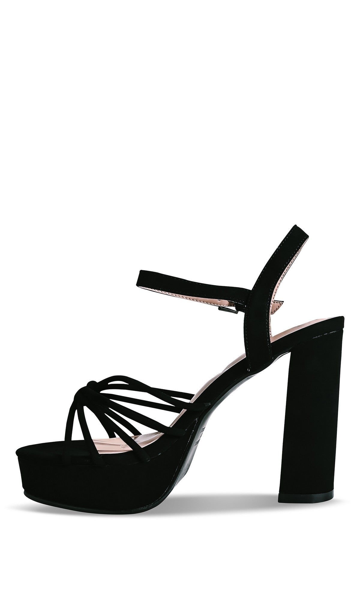The Tiara Black Prom Shoes: Touch Ups 4760 are black platform sandals with a block heel, ankle strap, open toe, and crisscross front strapsโideal as stylish black high-heel prom shoes.
